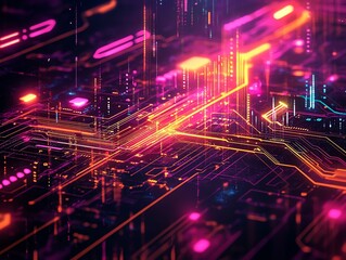 Leinwandbilder - Abstract digital background with glowing lines and neon lights.