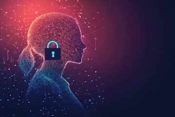 Fototapete - A silhouette is depicted with a lock symbol on a vibrant digital background, emphasizing the importance of privacy in AI technology. Generative AI