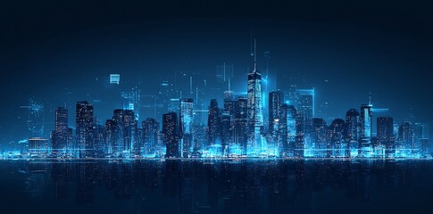 Fototapete - A futuristic city skyline with digital lines and glow emanating from buildings and skyscrapers, reflecting in the water.