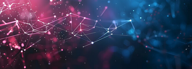 Poster - Abstract digital background with glowing lines and dots forming interconnected geometric shapes in blue, pink, and purple on a dark black background