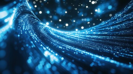 Aufkleber - Abstract blue glowing lines and light particles flowing on dark background