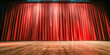 © graphito - A red stage curtain with a spotlight on a wooden floor serves as the background