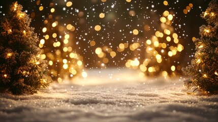 Poster - Winter background with snow and bokeh lights. 3d rendering - Generated AI