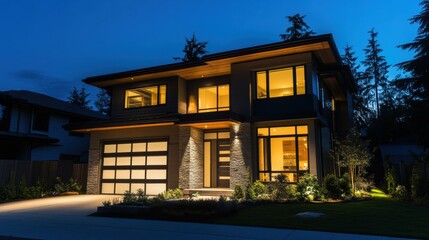 Aufkleber - This modern house shines brightly at night, showcasing its architectural beauty and enhanced security features with glowing alarm system lights. Generative AI