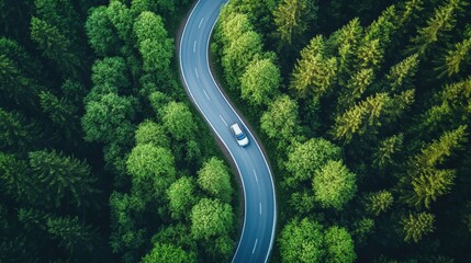 Aufkleber - White car driving on winding road through green forest, drone photography