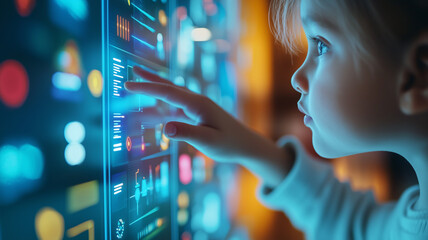 Aufkleber - child interacts with colorful digital touchscreen, exploring technology with curiosity and wonder. close up captures vibrant interface and child focused expression