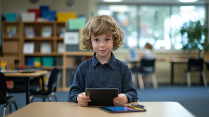 Poster - young child with curly hair uses tablet in classroom setting, focusing intently. room is filled with books and educational materials, creating learning environment