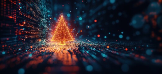 Poster - Digital Christmas tree glowing in data stream, festive lights and colors