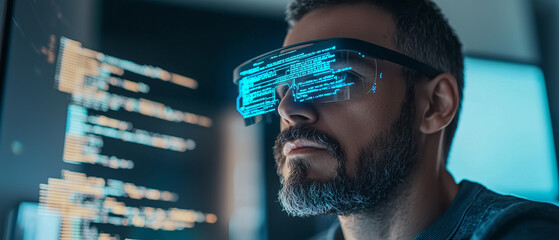 Aufkleber - programmer uses augmented reality glasses to debug code, focusing intently on digital display