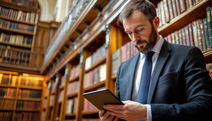 Poster - researcher in library uses digital tablet to access information, surrounded by shelves of books. setting is elegant and scholarly, reflecting blend of tradition and technology
