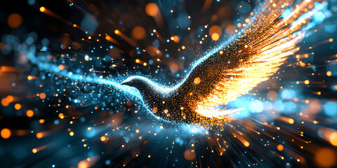 Poster - digital phoenix, glowing with vibrant blue and orange hues, rises majestically from sea of data, symbolizing transformation and rebirth in digital age