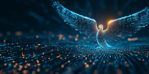 Poster - digital phoenix rises from sea of data, symbolizing AI transformative power and innovation. glowing lines and particles create futuristic and dynamic scene