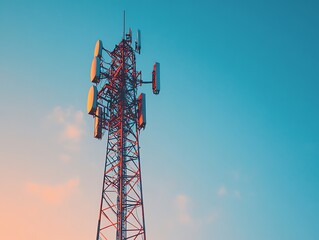 A tall cell phone tower against a blue sky with pink clouds.