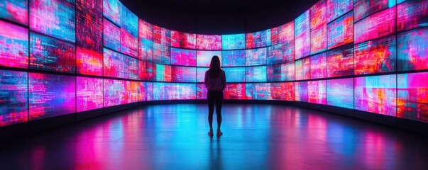 Wall Mural - a person standing in front of vibrant digital displays.