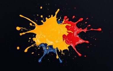 Poster - Vibrant splashes of yellow, red, and blue paint create a striking contrast against a black background, evoking creativity and energy.
