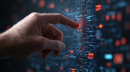 Poster - A hand interacts with a high-tech digital interface, showcasing advanced technology and data visualization in a futuristic environment.