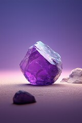 Poster - A stunning purple crystal sits majestically on a soft sandy surface, illuminated by soft lighting, creating an enchanting atmosphere.