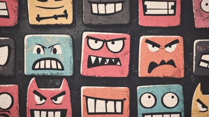Poster - Colorful square icons featuring various facial expressions, showcasing emotions like anger, joy, and surprise in a playful, cartoonish style.