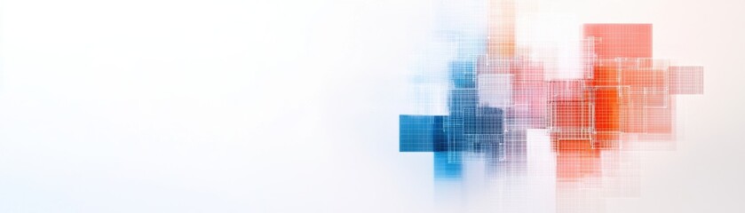 Poster - Abstract composition of overlapping geometric shapes in soft shades of red, blue, and white, creating a modern and dynamic background.