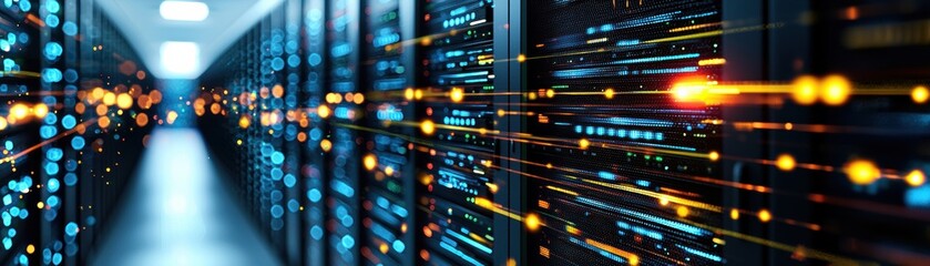 Poster - Futuristic data center with illuminated servers, showcasing advanced technology and connectivity for modern digital infrastructure.