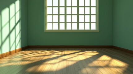 Poster - Bright and airy room with wooden floor and large window casting decorative shadows, ideal for interior design and home decor inspiration.