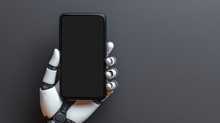 Poster - A robotic hand holding a smartphone against a sleek background, showcasing the fusion of technology and innovation in modern devices.