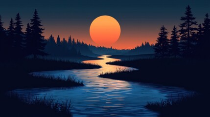 Poster - A serene sunset landscape featuring a winding river, silhouetted trees, and a glowing sun reflecting on calm waters.