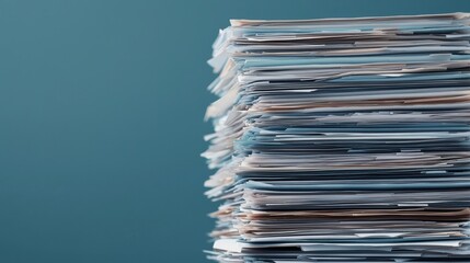 Poster - A close-up view of a neatly stacked pile of various paperwork and documents against a solid blue background, showcasing organization and detail.