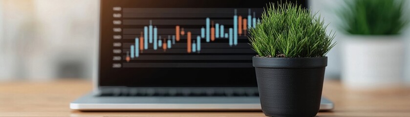 Poster - A stylish workspace featuring a laptop with financial graphs and a decorative plant. Perfect for themes of productivity and modern office design.