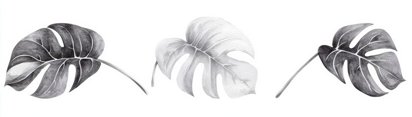 Poster - Elegant monochrome illustration of three monstera leaves showcasing intricate details and textures for botanical design projects.