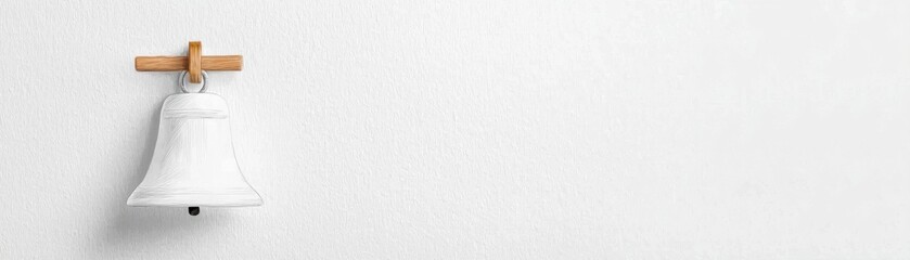 Poster - A minimalist white bell hanging on a light wooden hook against a clean, blank wall, creating a serene and inviting atmosphere.