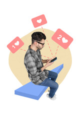 Poster - Vertical creative collage photo of young hipster guy share post likes in social media platforms isolated on beige color background