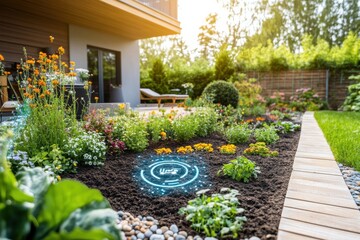 Poster - A vibrant smart garden features flourishing plants with automated sprinklers and soil sensors, promoting efficient watering and healthy growth. Generative AI