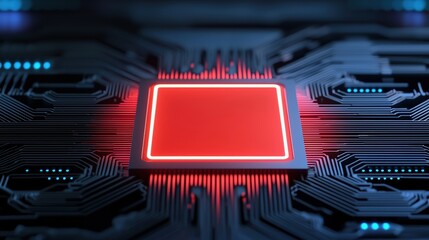 Poster - Close-up of a futuristic microchip with glowing edges on a complex circuit board, symbolizing advanced technology and innovation.