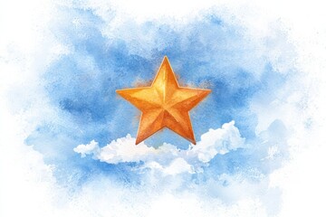 Poster - A vibrant watercolor illustration of a golden star against a soft blue sky with fluffy clouds, perfect for conveying creativity and inspiration.