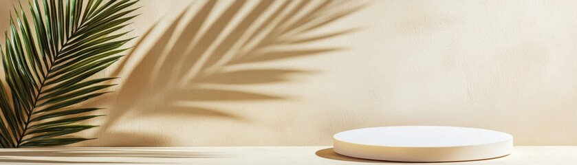 Poster - Elegant minimalistic showcase with tropical palm leaf shadow on a textured wall, perfect for product displays and modern interior design inspiration.