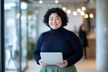 Wall Mural - A smiling woman with curly hair holds a tablet, standing in a modern office space adorned with soft lights.