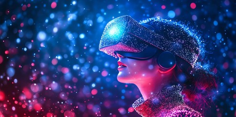 Poster - Woman wearing VR headset in a dreamy colorful setting.