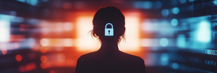 Fototapete - A person stands silhouetted in front of a digital backdrop featuring a lock symbol, emphasizing the importance of privacy in AI technology. Generative AI