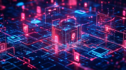 Aufkleber - Abstract digital data network with glowing lines and a central cube.