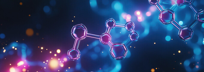 Aufkleber - Blue background with a white outline of chemical structures and glowing light dots in the foreground, creating an abstract medical or scientific backdrop.