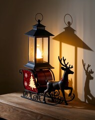 Wall Mural - Reindeer and sleigh lantern softly glowing casting holiday shadows in the dark