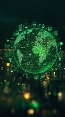 Poster - A glowing green globe surrounded by digital icons, representing global connectivity, technology, and communication, against a backdrop of a blurred cityscape.