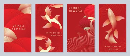 chinese new year 2025 greeting card background vector. luxury poster design with koi fish, wave, lan