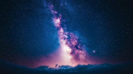 Cosmic River: A breathtaking panorama of the Milky Way galaxy, its vibrant hues of purple and pink cascading across a star-studded night sky, creating a sense of wonder and awe. 