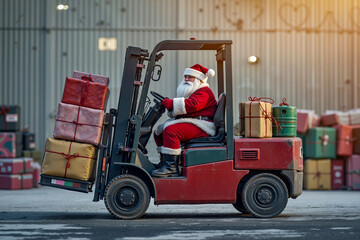 A man in a santa claus suit driving a forklift truck with presents on it