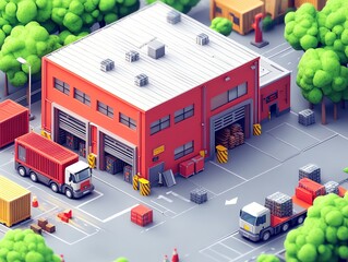 Poster - A low-poly isometric illustration of a warehouse with trucks loading and unloading goods.