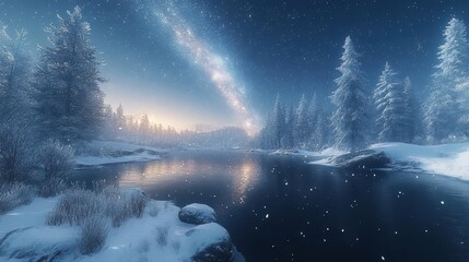 Wall Mural - enchanting snowscape under a starlit sky, with soft snow blanketing the landscape and twinkling stars overhead, creating a peaceful winter night scene filled with wonder