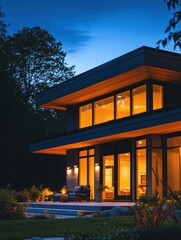 Aufkleber - The contemporary home stands beautifully lit at night, with alarm system lights highlighting the windows and doors. Generative AI