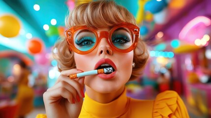 A colorful, retro-themed portrait of a stylish woman in oversized glasses, holding a decorative cigarette, set in a lively, brightly-lit environment.